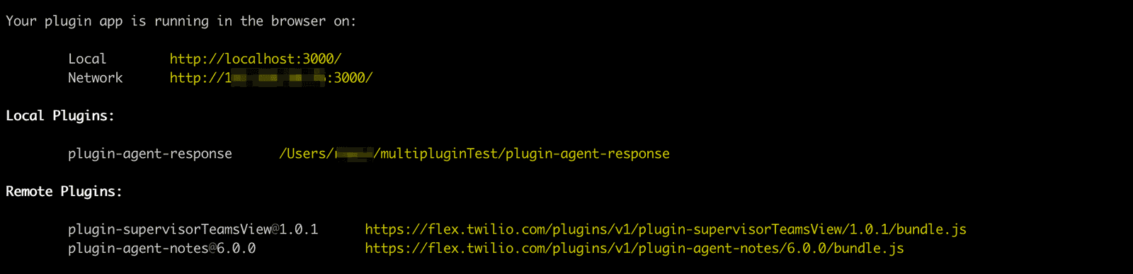 Terminal showing local and remote plugin paths for a Twilio Flex app.