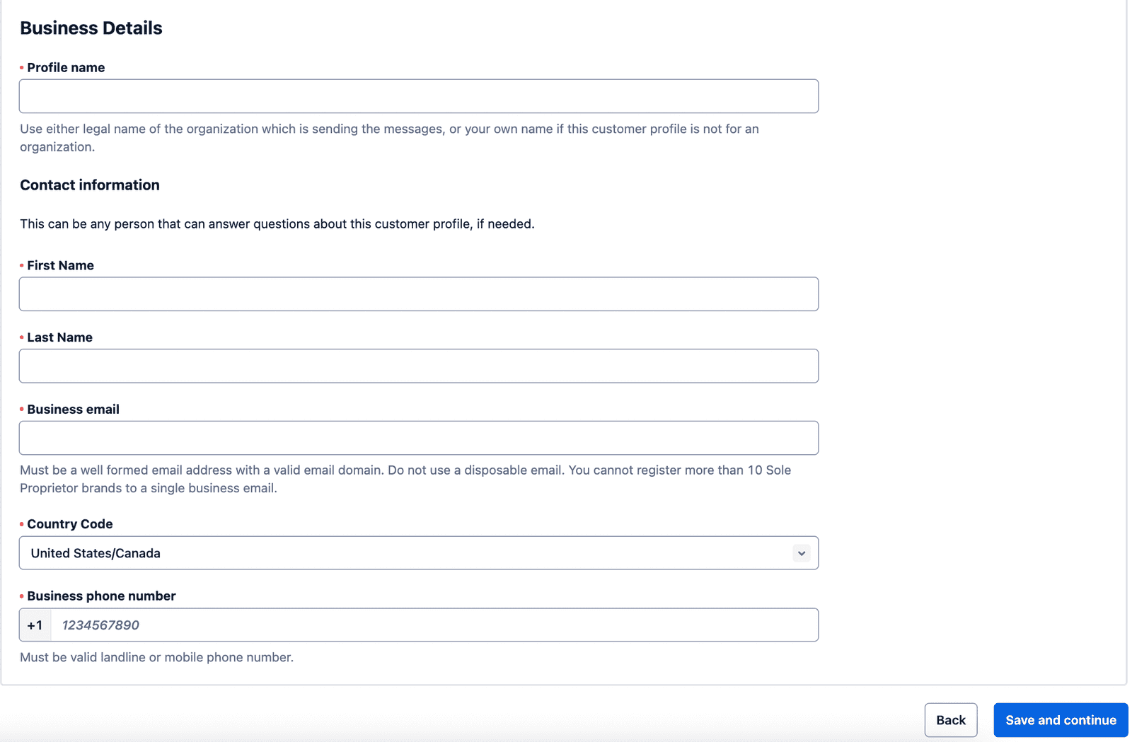 Form fields for business profile including name, contact, email, and phone number.