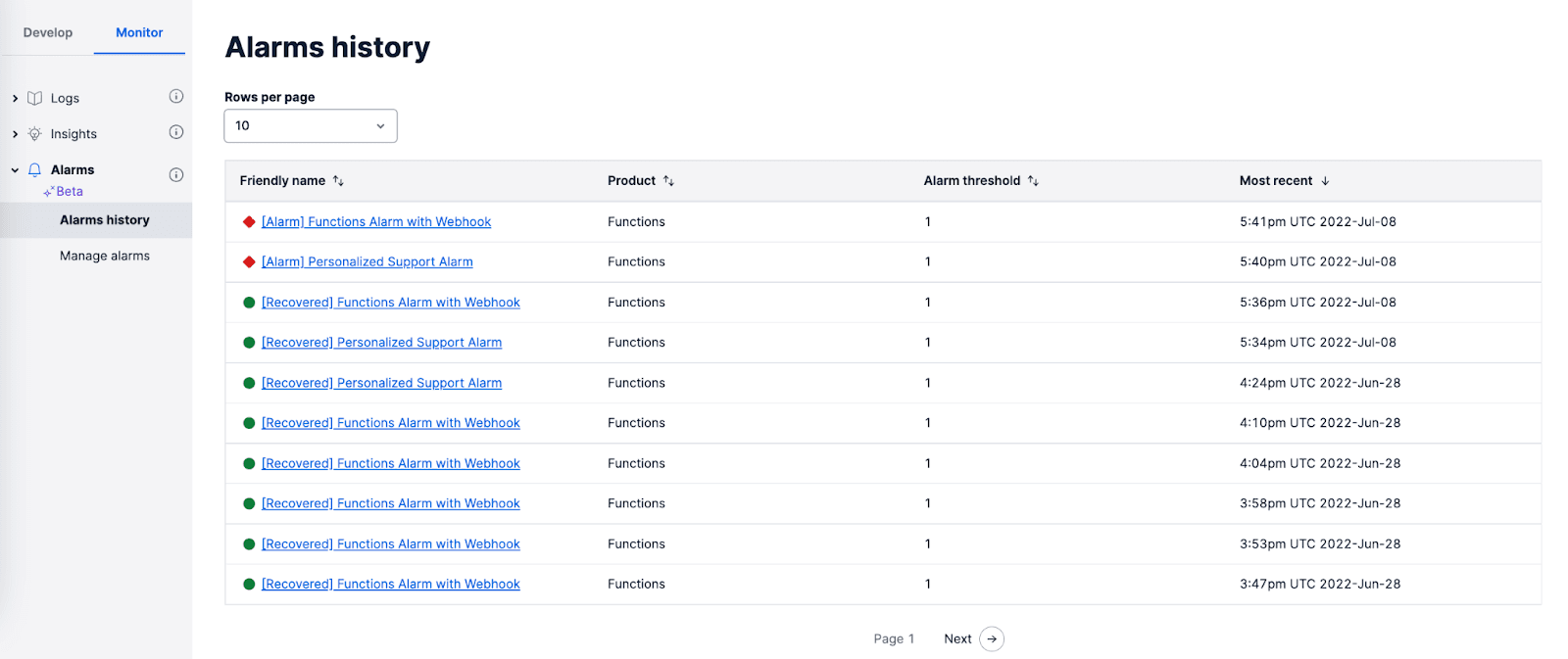 Alarms history page showing list of alarms with names, product, threshold, and timestamps.