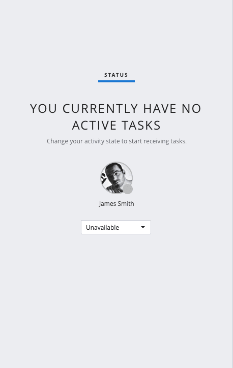 Status screen showing no active tasks with user James Smith set to unavailable.