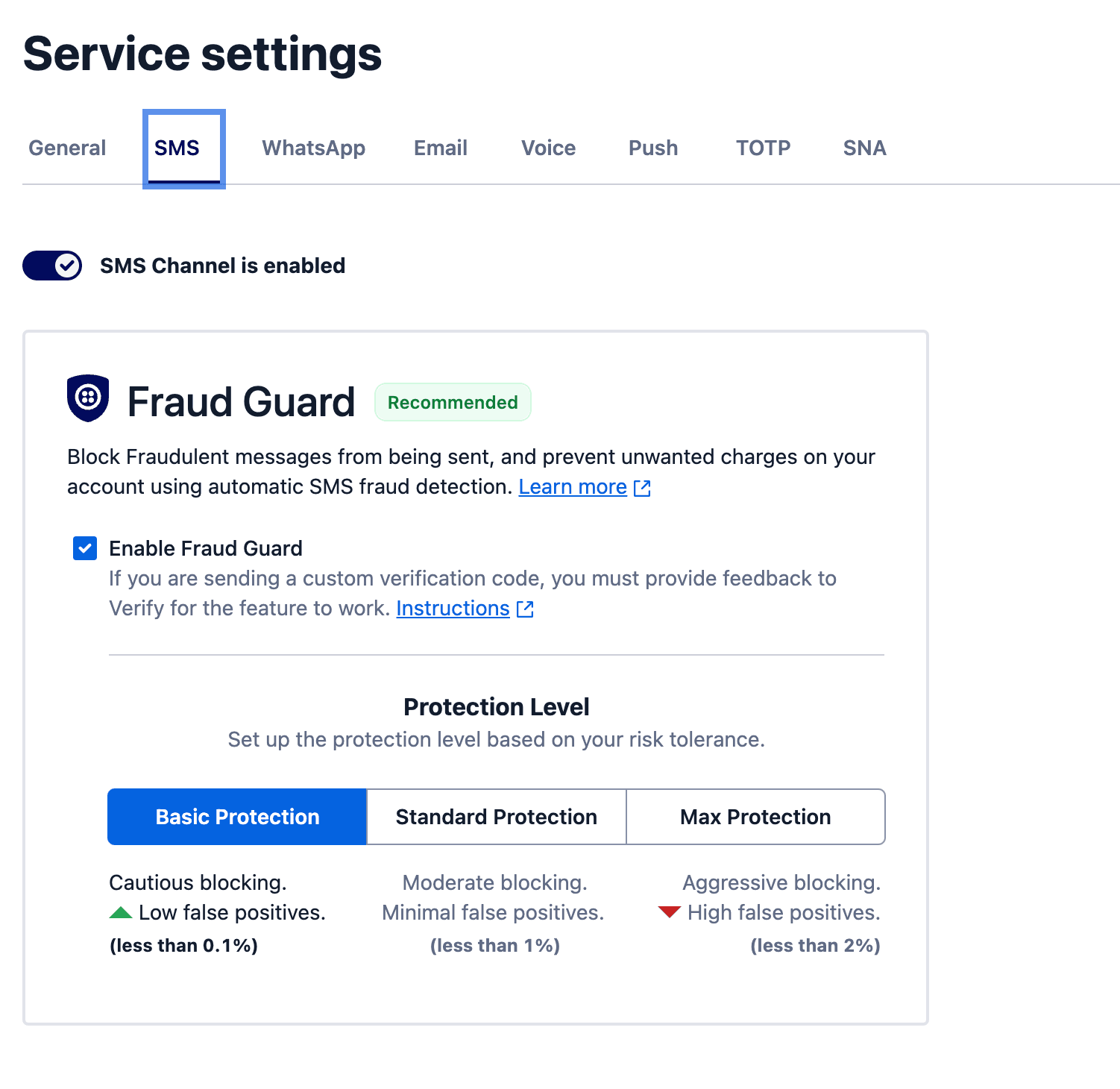 Service settings SMS tab with Fraud Guard options and protection levels.