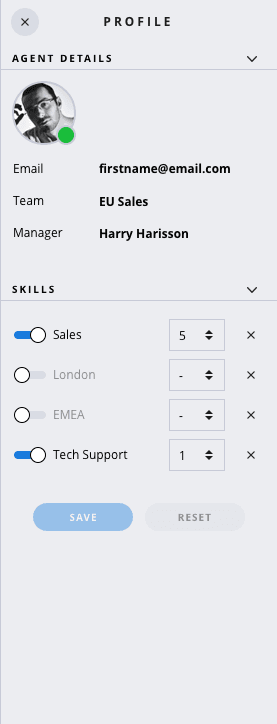 Profile panel with agent details, skills, and adjustable skill levels.