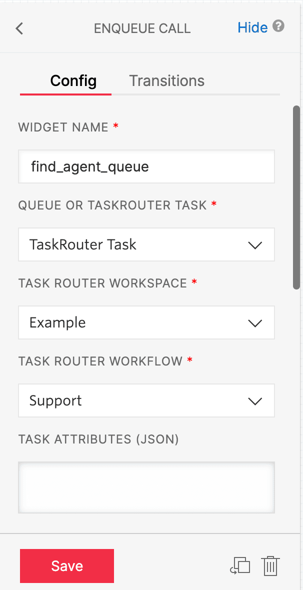 Twilio Studio Enqueue Call widget configuration with fields for widget name, task, workspace, and workflow.