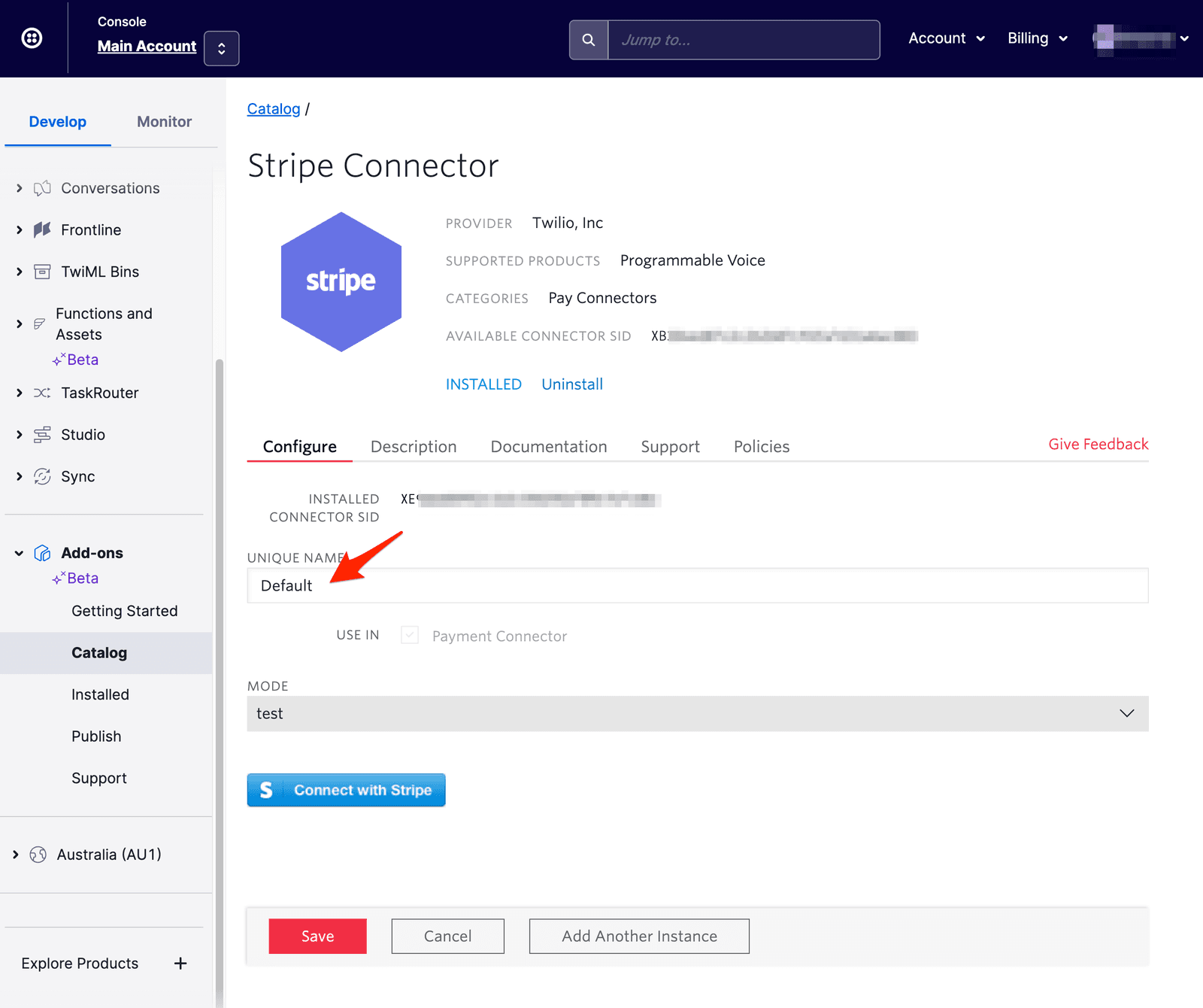 Stripe Connector page showing 'Default' as unique name under Configure tab.