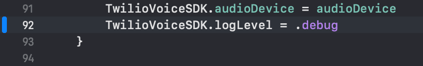 Code snippet setting TwilioVoiceSDK audioDevice and logLevel to debug.