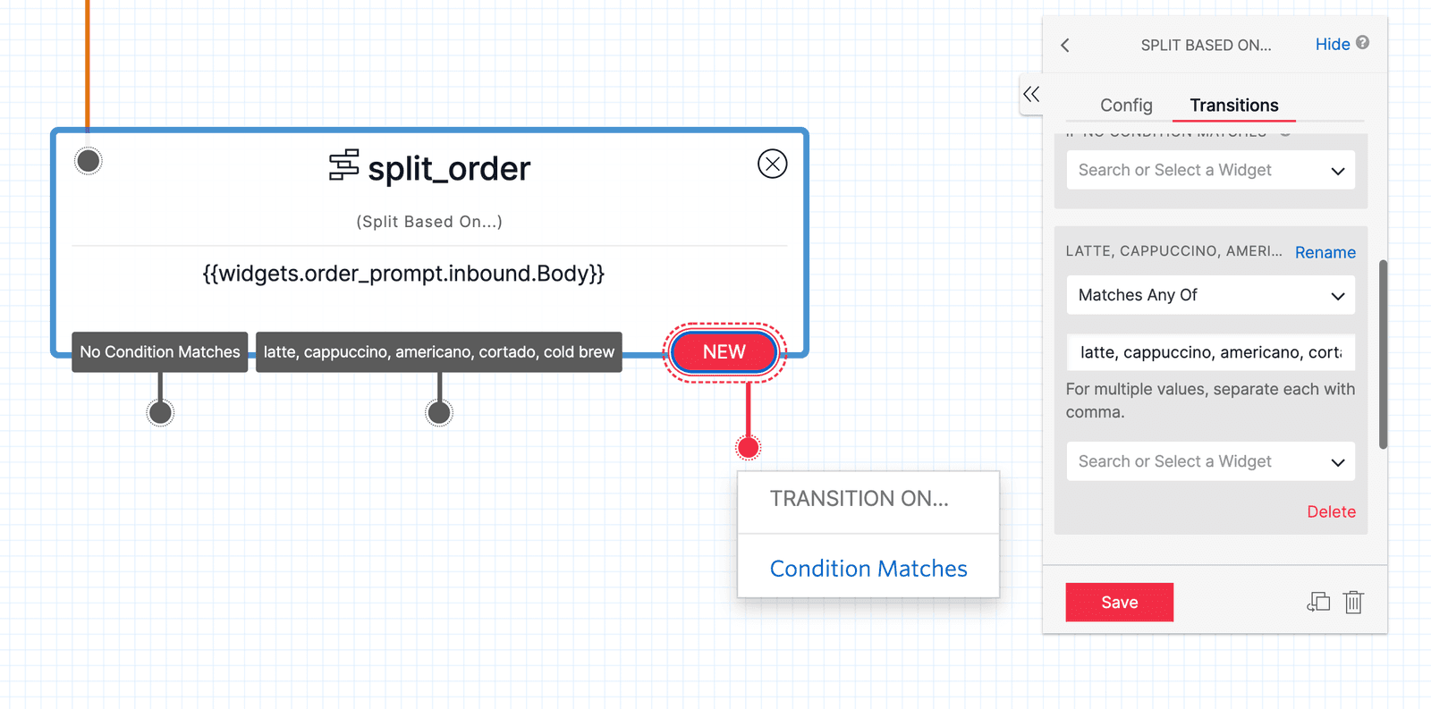 Twilio Studio Baristabot Split Order Widget with transition configuration for coffee types.