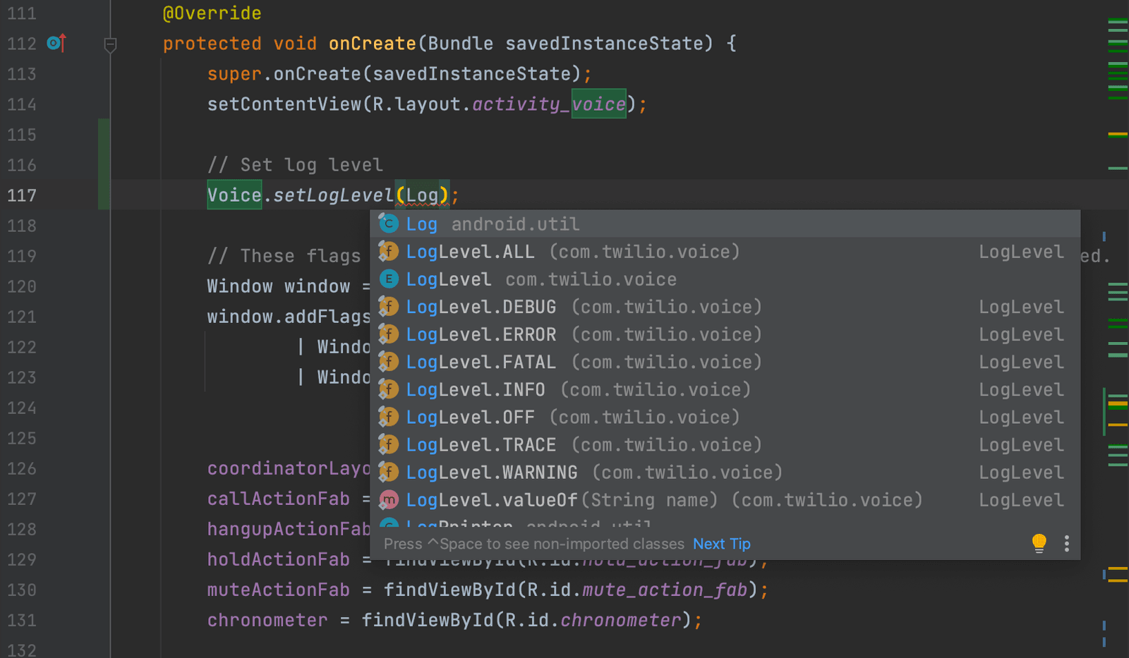 Code snippet setting log level to DEBUG in Android onCreate method.