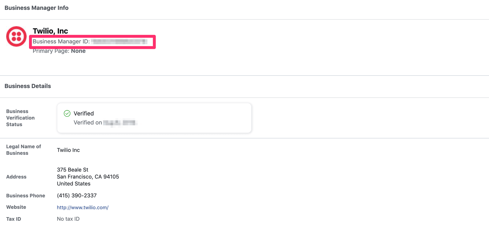 Twilio business manager info with verification status and contact details.