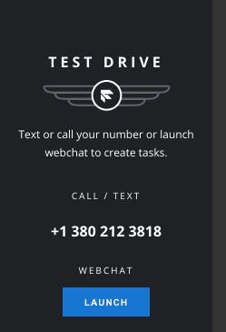 Test Drive panel with call or text number and webchat launch button.