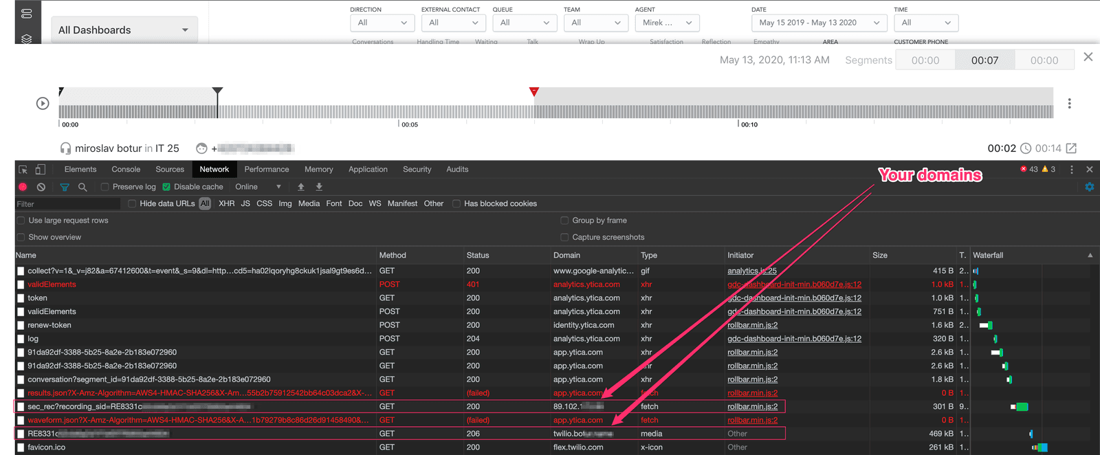 Network tab showing POST request error and highlighted domains for troubleshooting.