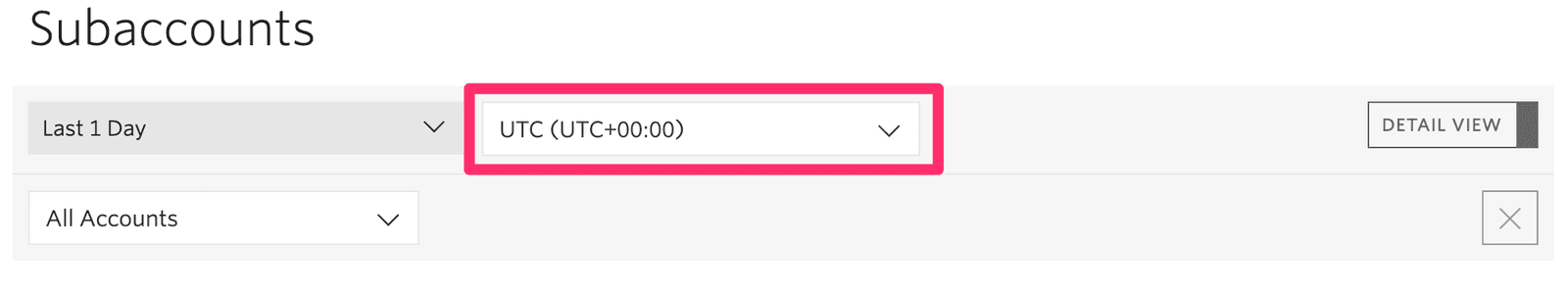 Timezone picker set to UTC in subaccount dashboard.