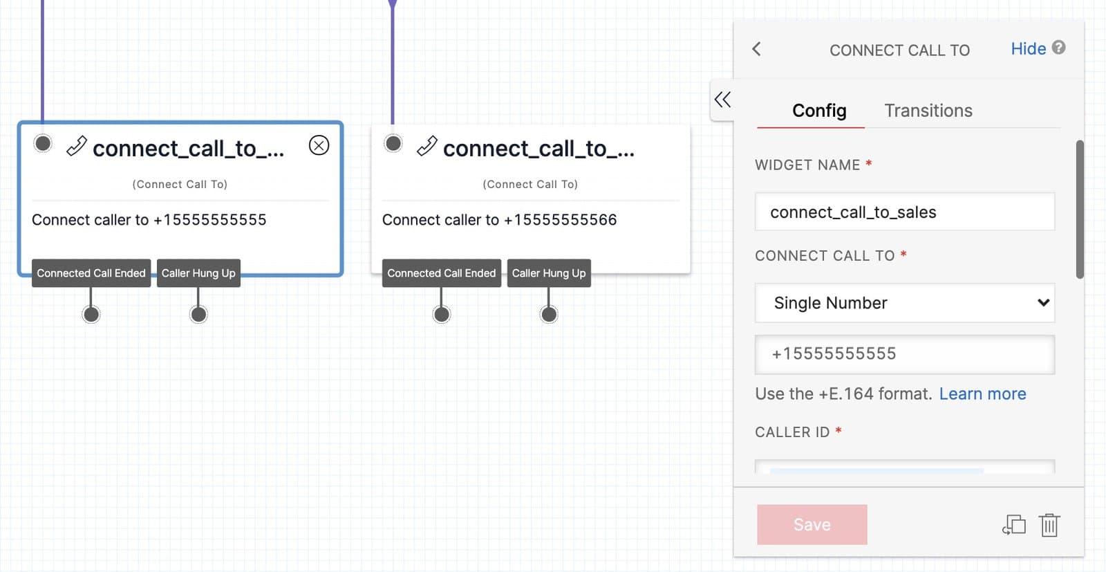 Two widgets and the widget Configuration panel. We see a widget for connect calls to sales and one for a support connection.