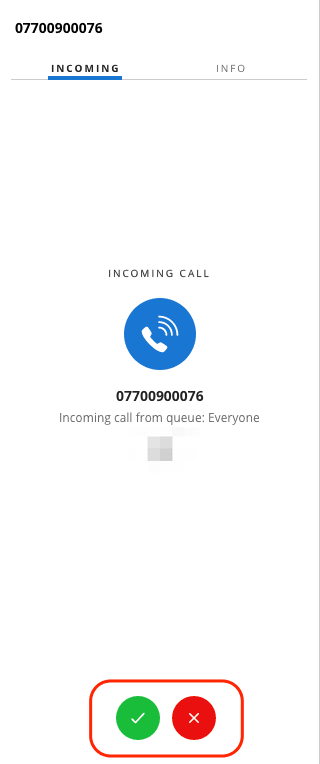 Incoming call from queue 'Everyone' with accept and reject options.