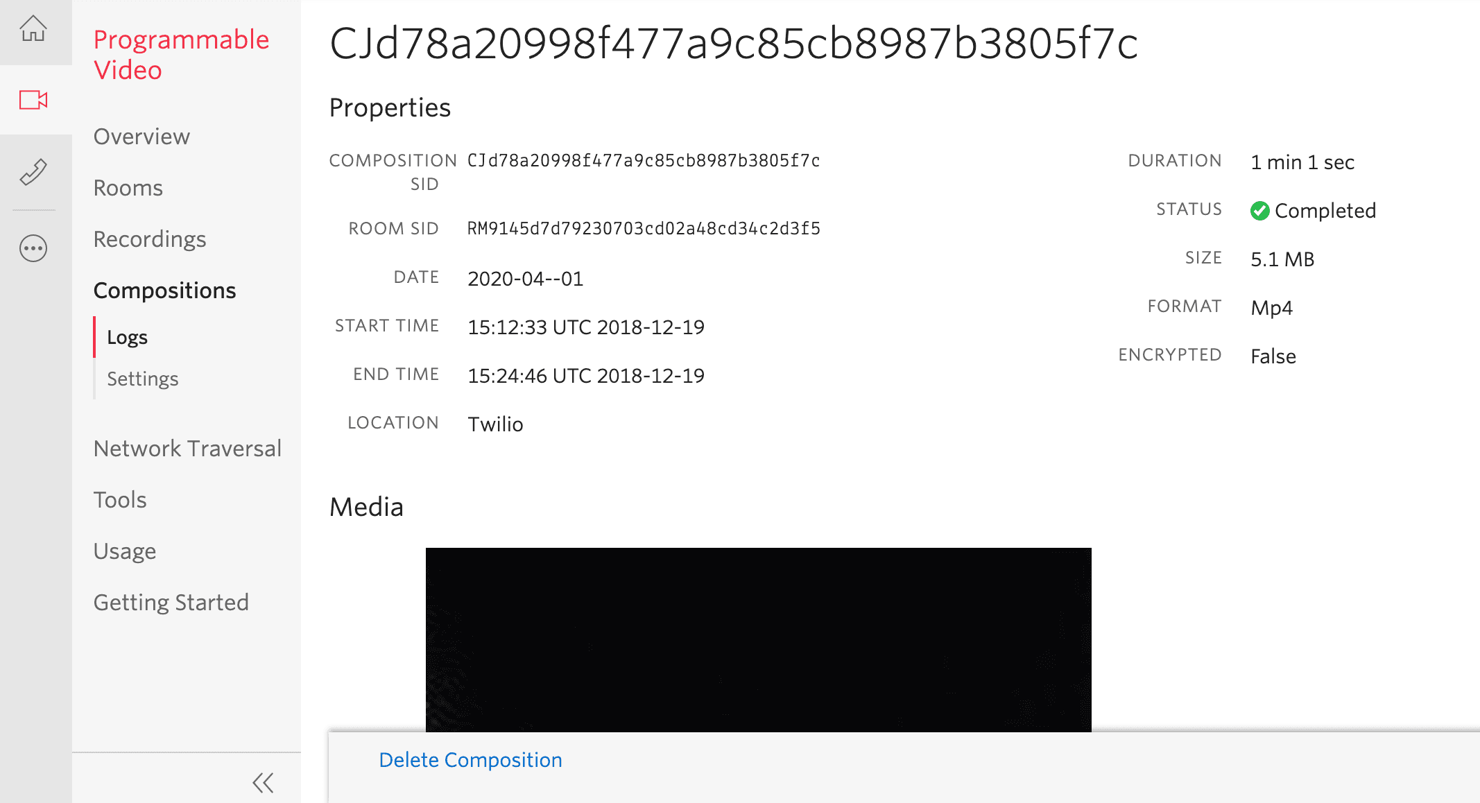 Video composition details showing composition SID, room SID, date, duration, and status as completed.