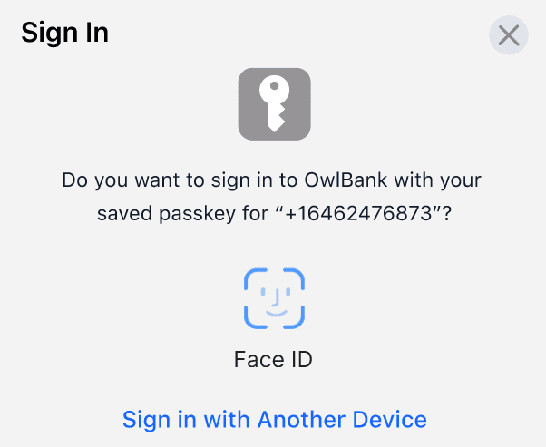 OwlBank sign-in prompt with Face ID and passkey for +16462476873.