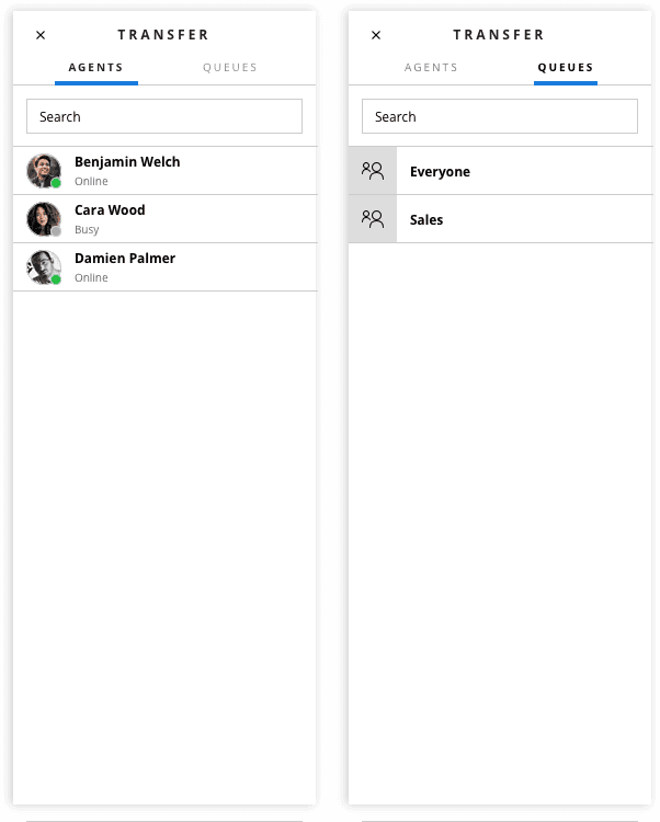 Transfer interface with tabs for Agents and Queues, showing agent statuses and queue names.