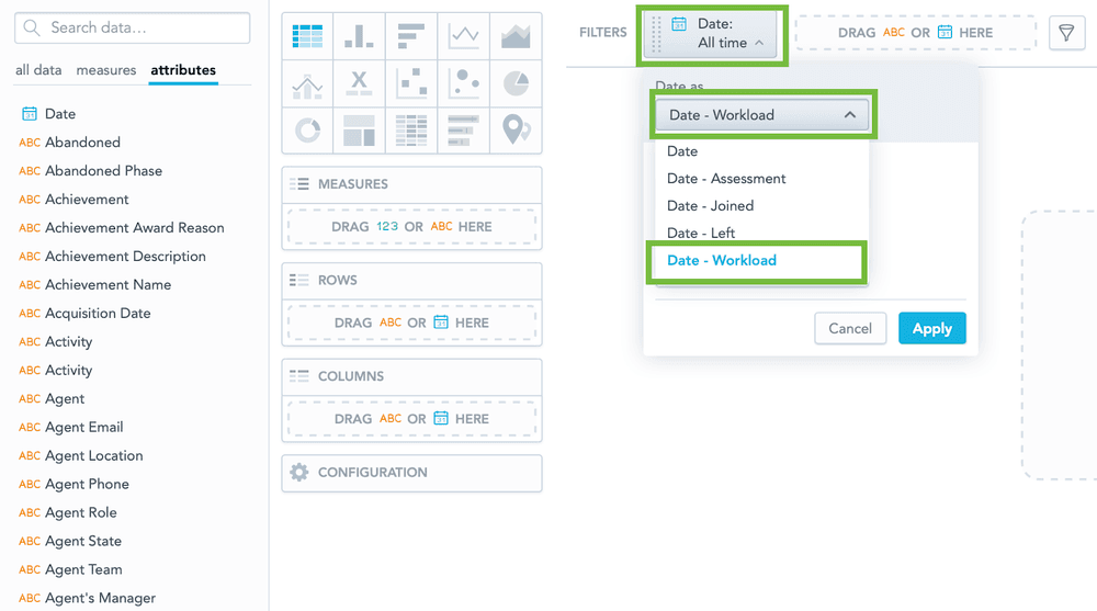 Dropdown menu showing date options including Date - Workload in a data configuration interface.
