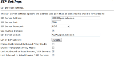 SIP settings with server address, port 5060, UDP transport, and domain options.