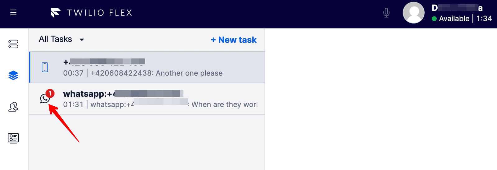 WhatsApp unread message indicator with red badge showing one new message.