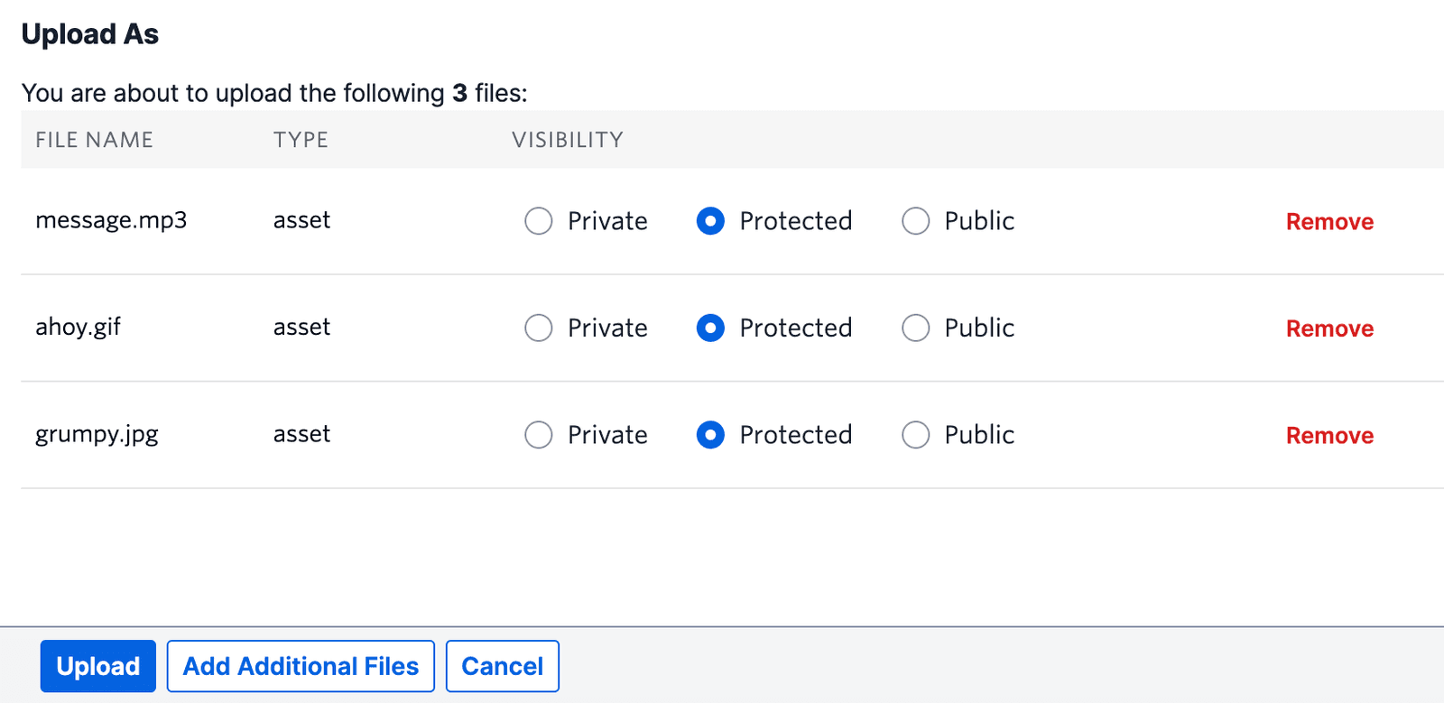 File upload interface with options for visibility: private, protected, public.