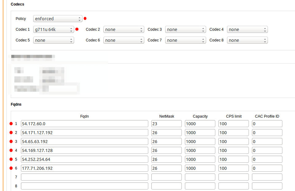 Sansay configuration showing codec policy enforced with g711u 64k and FQDNs with netmask and capacity settings.