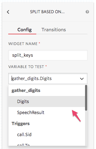 Config panel showing widget name split_keys and variable gather_digits.Digits selected.