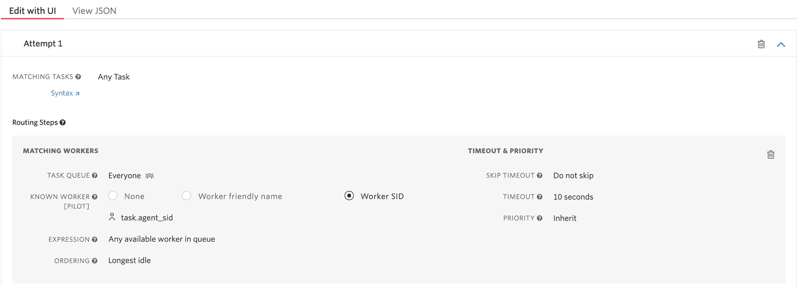 Workflow configuration showing task queue, worker SID, and timeout settings.