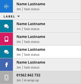 Task list showing names, task status, and icons for chat, phone, and Facebook.