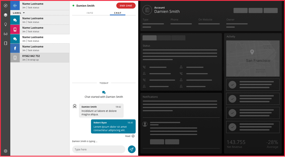 Chat interface showing conversation between Damien Smith and Robert Ryan about an order.