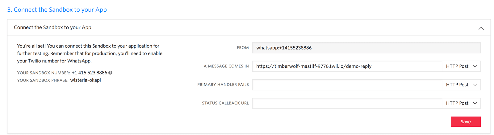WhatsApp sandbox setup with number, phrase, and callback URL fields.