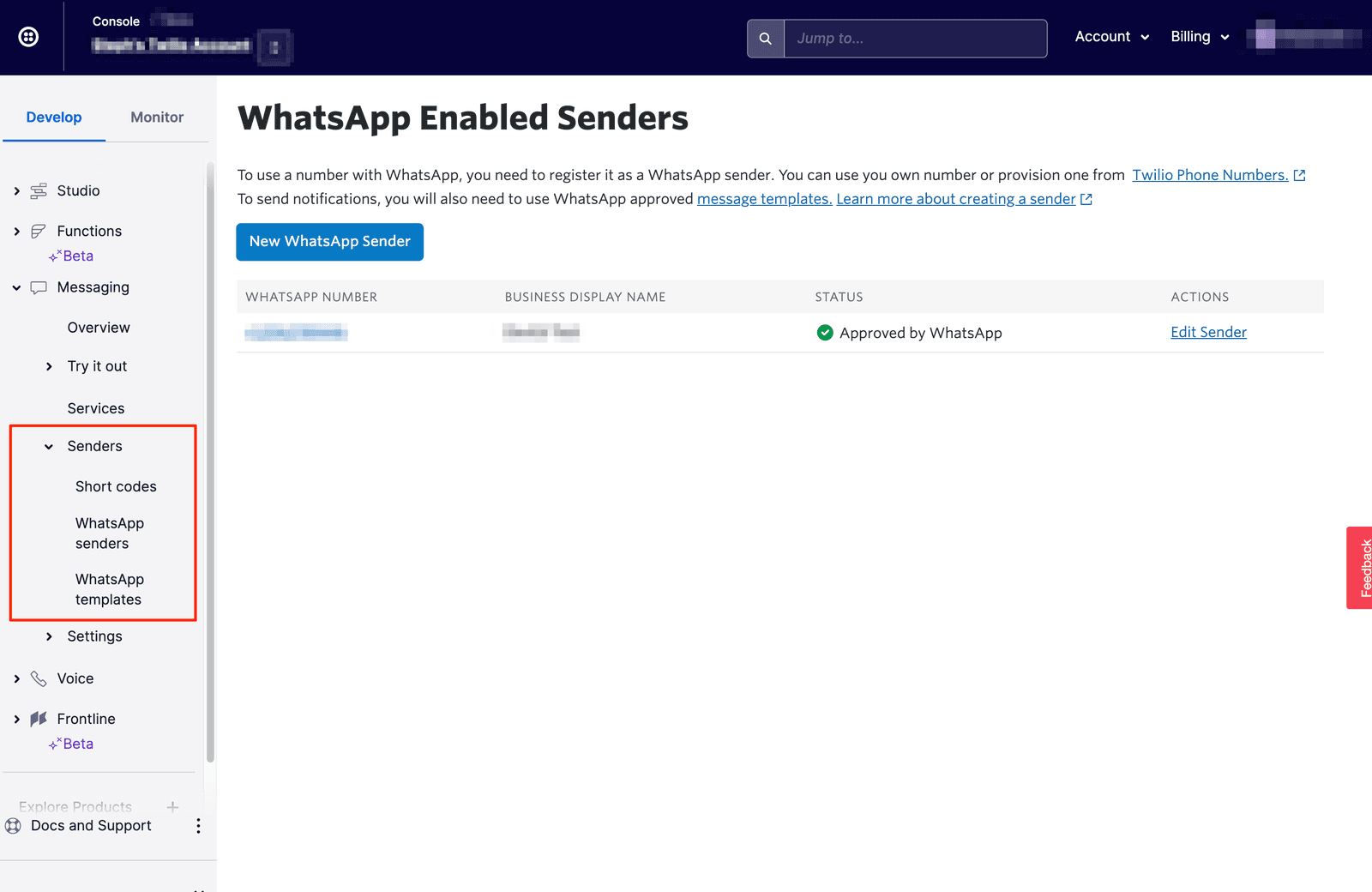 WhatsApp enabled senders list with status approved by WhatsApp.