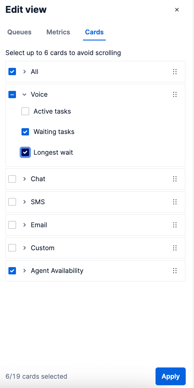 Edit view showing card selection with options like Voice, Chat, and Agent Availability.