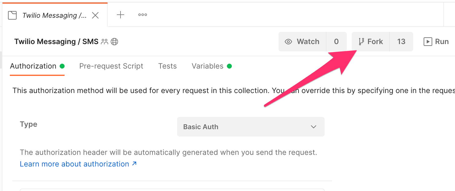Arrow pointing to the Fork button in the Twilio Messaging interface.