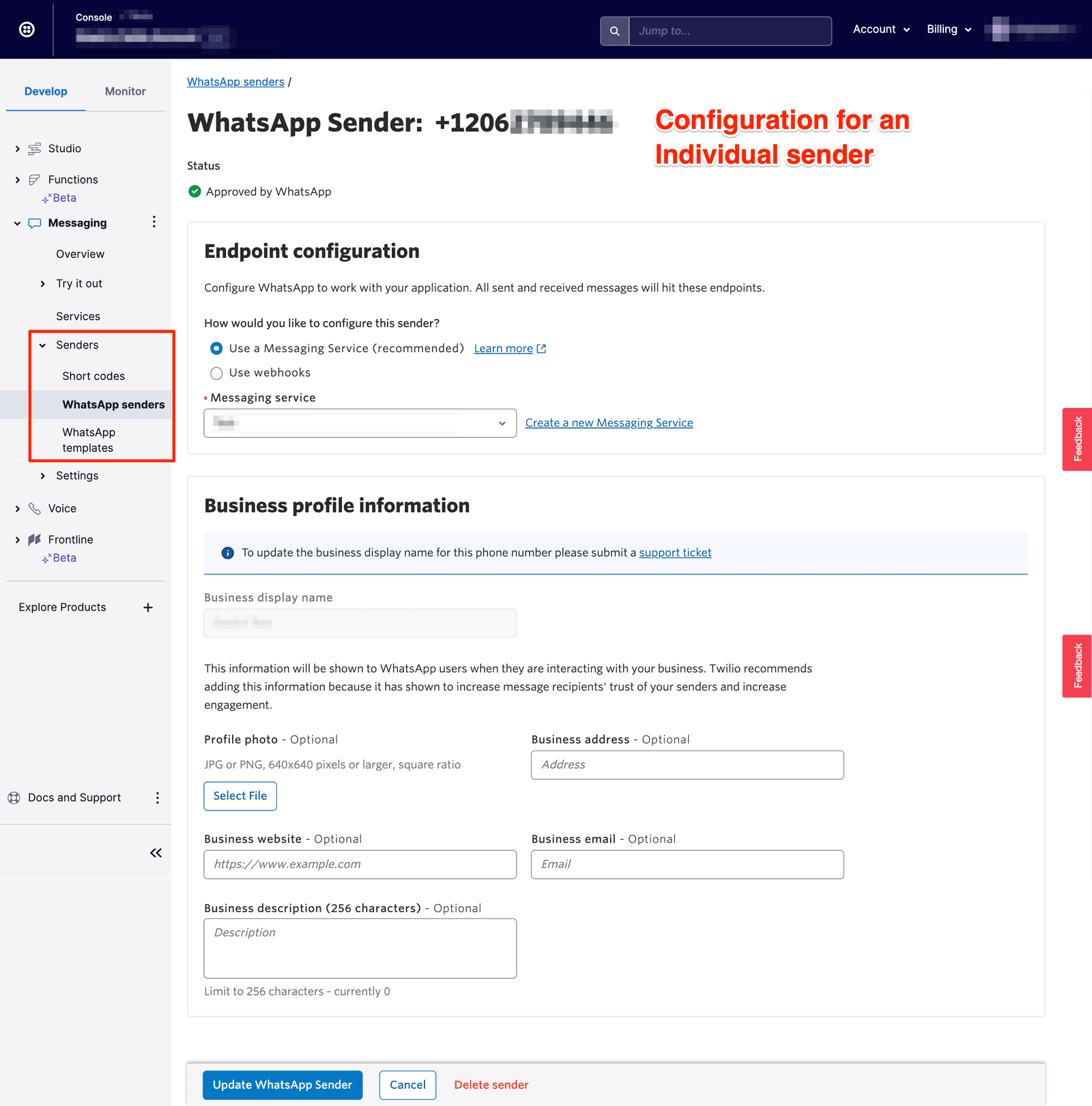 WhatsApp sender configuration with webhook URLs and HTTP Post methods.