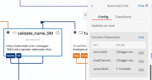 Twilio Studio flow showing validate_name_SM function with parameters for serviceSID and chatChannel.