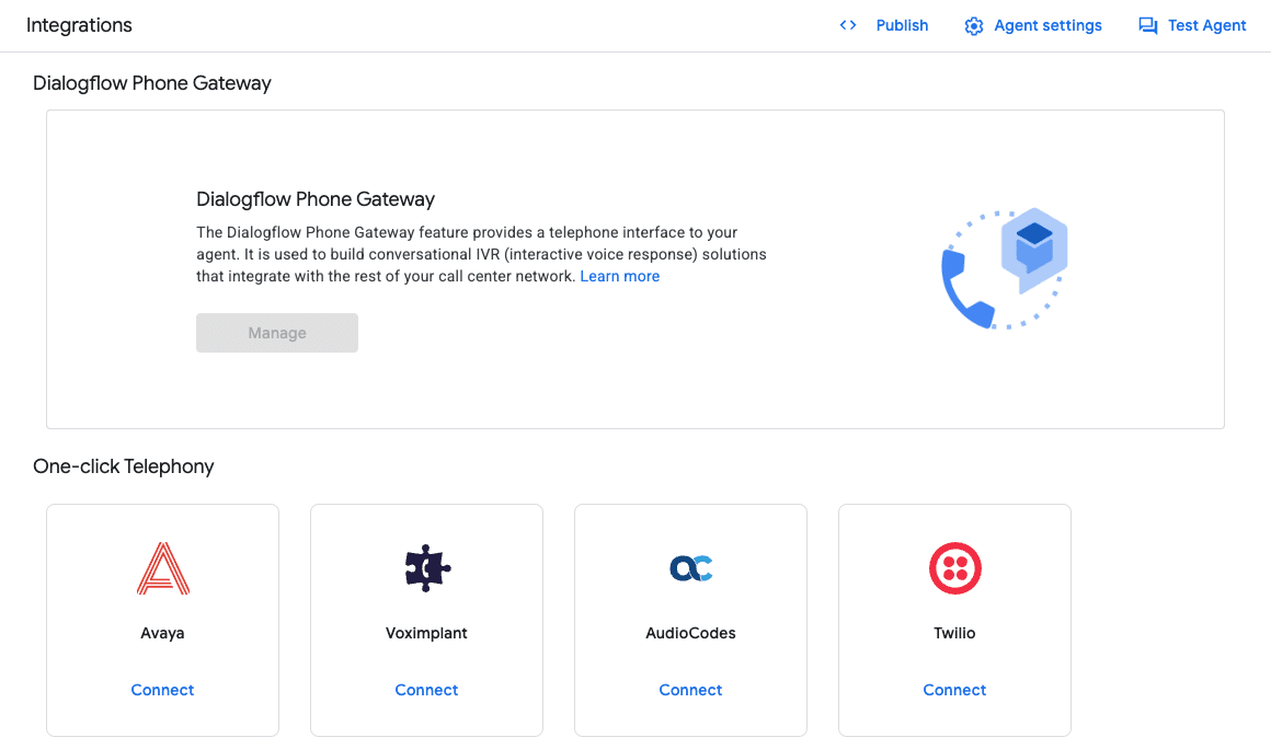 Twilio under the One-click telephony integrations in the Dialogflow CX agent Manage console.