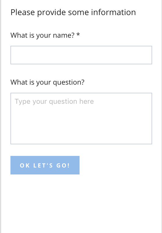Form asking for name and question with submit button labeled 'OK Let's Go!'.