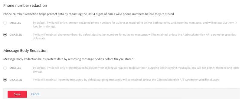 Settings for phone number and message body redaction with options to enable or disable.