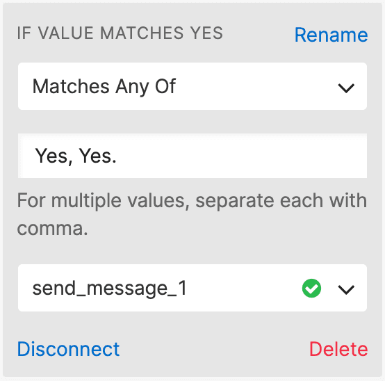 Twilio Studio widget with condition 'Matches Any Of' set to 'Yes, Yes' and action 'send_message_1'.