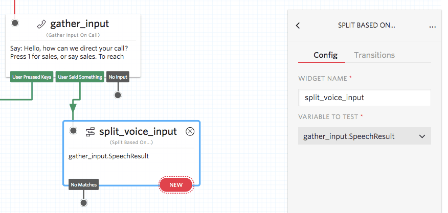 Split based on... widget added for voice input in IVR, linked to User Said Something transition in the gather_input widget.