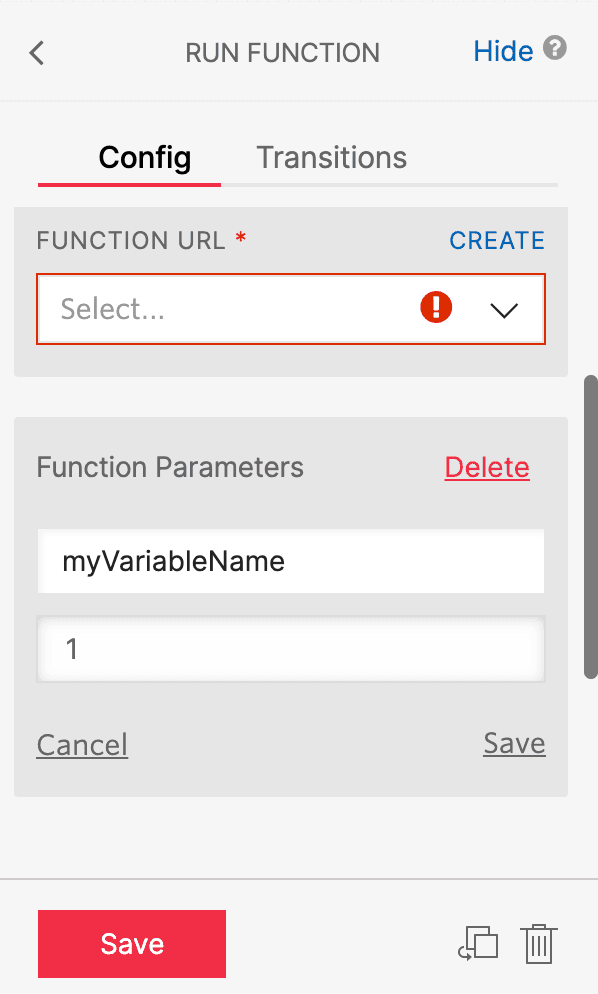 Twilio Studio config tab with function URL selection and variable input.