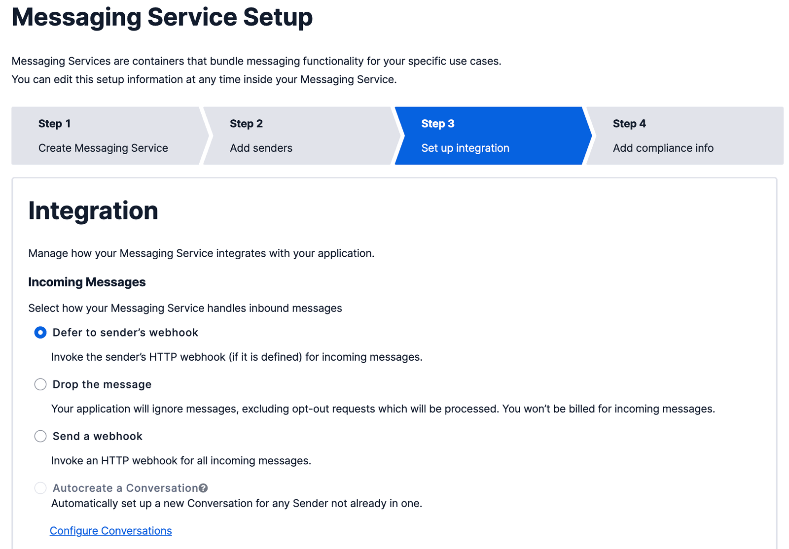 Messaging Service setup showing integration options for handling incoming messages, including 'Defer to sender's webhook'.