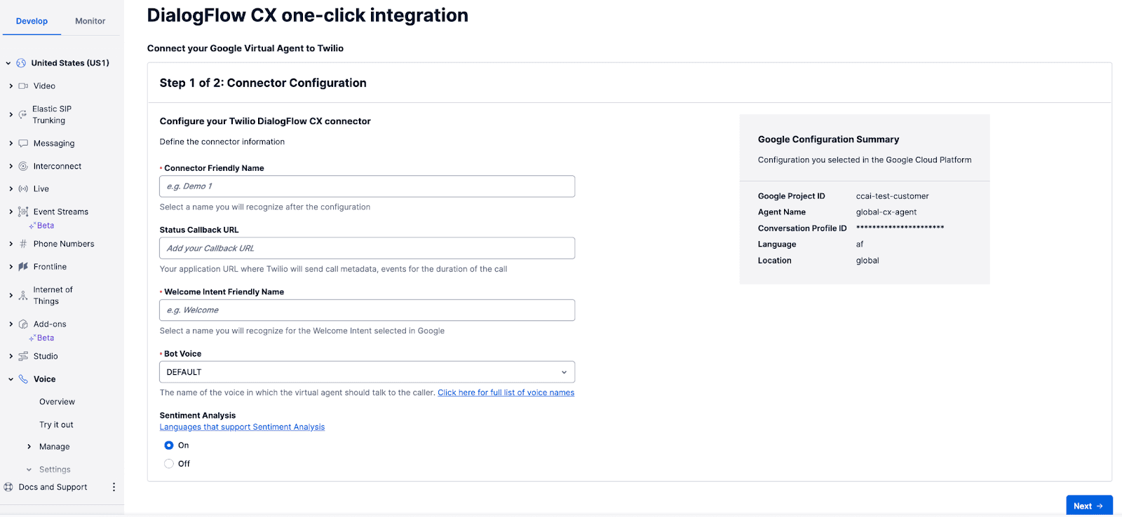 Dialogflow CX Connector page in Twilio Console.