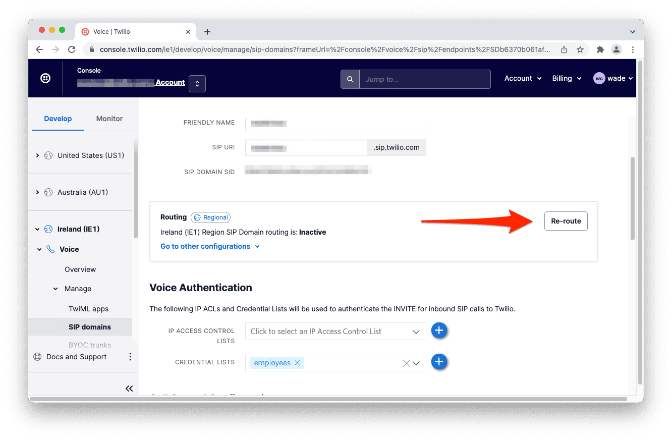 Ireland region SIP domain routing inactive with re-route option highlighted.