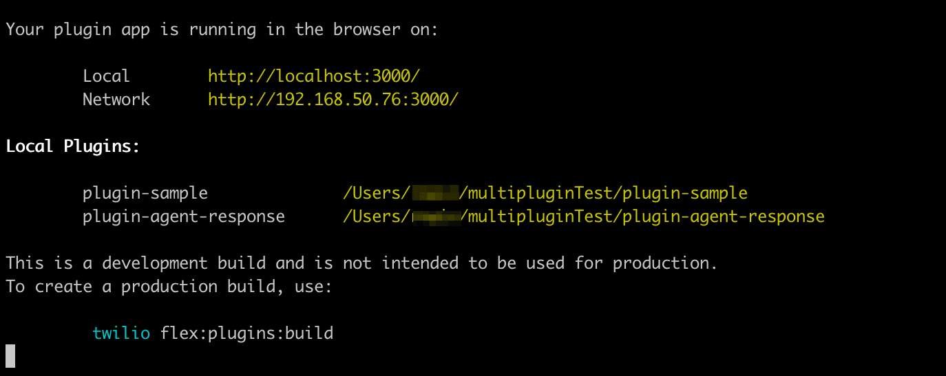 Twilio plugin app running locally with sample and agent response plugins.