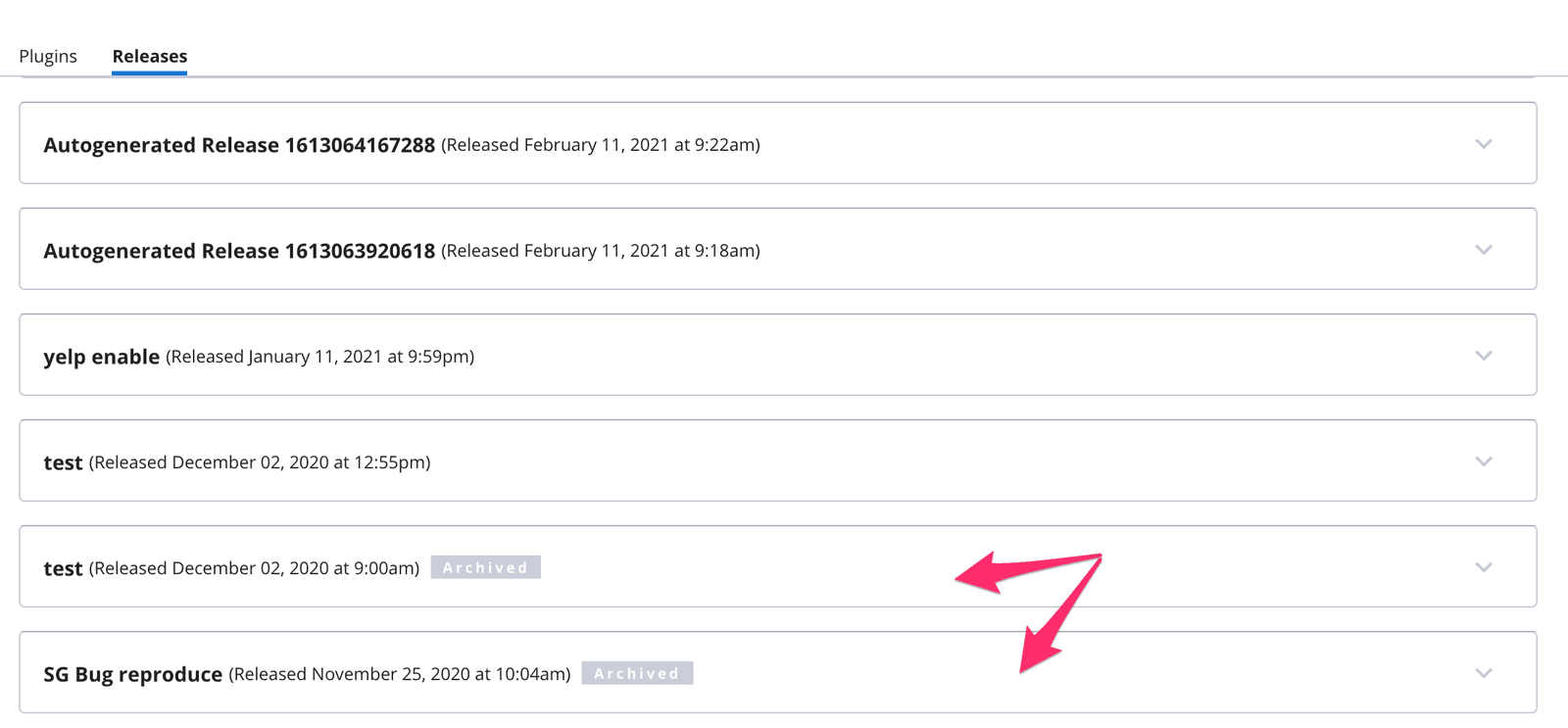 List of plugin releases with archived tags highlighted for December 2, 2020.
