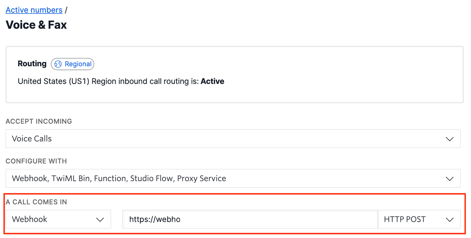 Twilio Voice & Fax settings with webhook configuration for incoming calls.