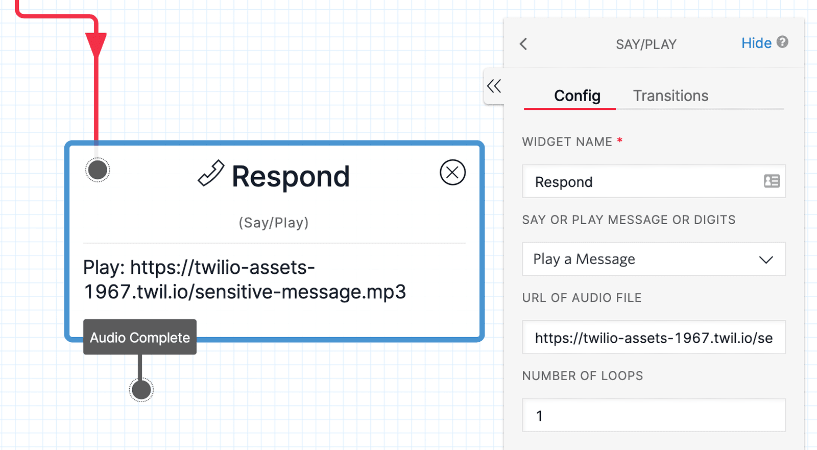 Twilio Respond widget configured to play an audio message from a URL.