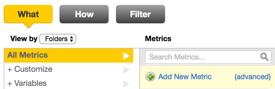 Metrics pane with options to view by folders and add new metric.