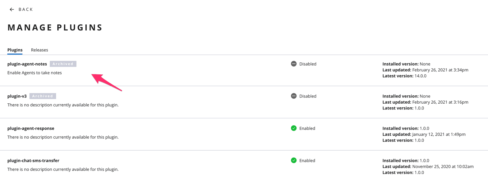 Manage plugins page showing archived and enabled plugins with update details.